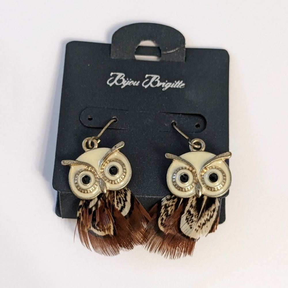 COPY - Cute Enamel Owl Real Feather Dangle Drop Pierced Earrings